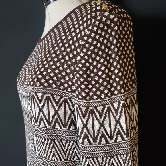 St. John Coll VTG White Cocoa Brown Sweater in Classic Geometric Knit Pattern 10 - Picture 5 of 12